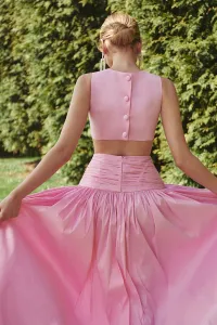 Vestido largo rosa de fiesta para boda con canesú drapeado