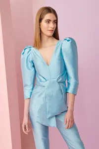 Mono de fiesta con manga abullonada y lazada en jacquard azul