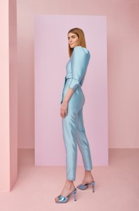Mono de fiesta con manga abullonada y lazada en jacquard azul