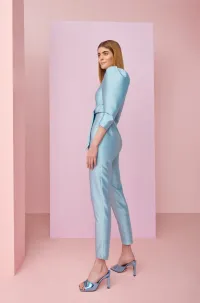 Mono de fiesta con manga abullonada y lazada en jacquard azul