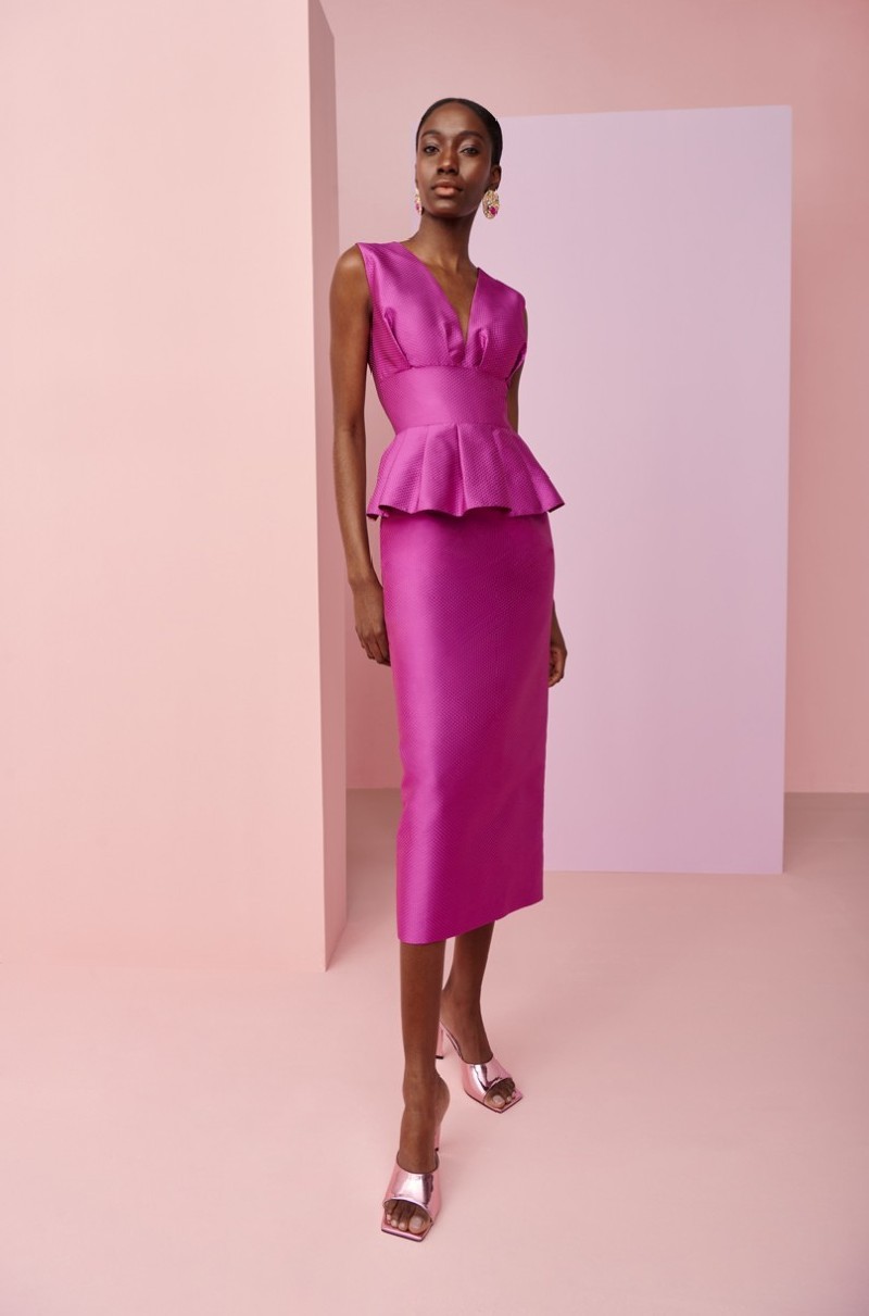 Vestido de fiesta en jacquard buganvilla y peplum para boda