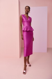Vestido de fiesta en jacquard buganvilla y peplum para boda