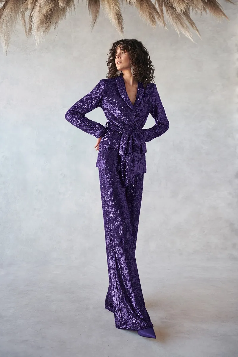 traje de chaqueta y pantalon de fiesta en lentejuelas morado