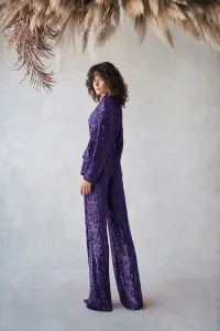 traje de chaqueta y pantalon de fiesta en lentejuelas morado