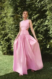 Vestido largo rosa de fiesta para boda con canesú drapeado