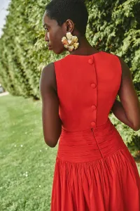 Vestido largo rojo de fiesta para boda con canesú drapeado
