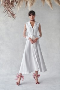 vestido camisero  en tul con plumetti bordado y crep blanco para