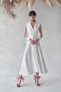 vestido&nbsp;camisero &nbsp;en&nbsp;tul con plumetti bordado y crep blanco para