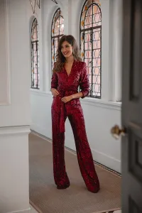 traje de chaqueta y pantalon de fiesta en lentejuelas granates