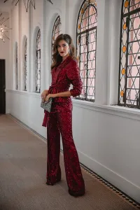 traje de chaqueta y pantalon de fiesta en lentejuelas granates