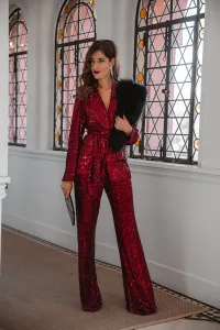 traje de chaqueta y pantalon de fiesta en lentejuelas granates