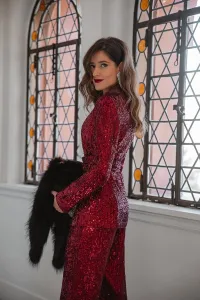 traje de chaqueta y pantalon de fiesta en lentejuelas granates