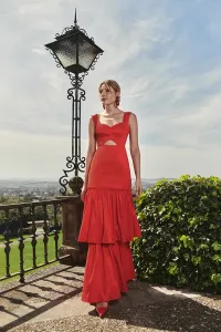 Vestido largo rojo de fiesta para boda con volantes
