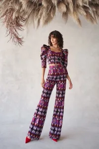 Conjunto de palazzo y top corto bordado etnico con manga