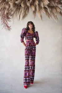Conjunto de palazzo y top corto bordado etnico con manga