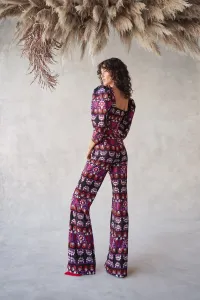 Conjunto de palazzo y top corto bordado etnico con manga