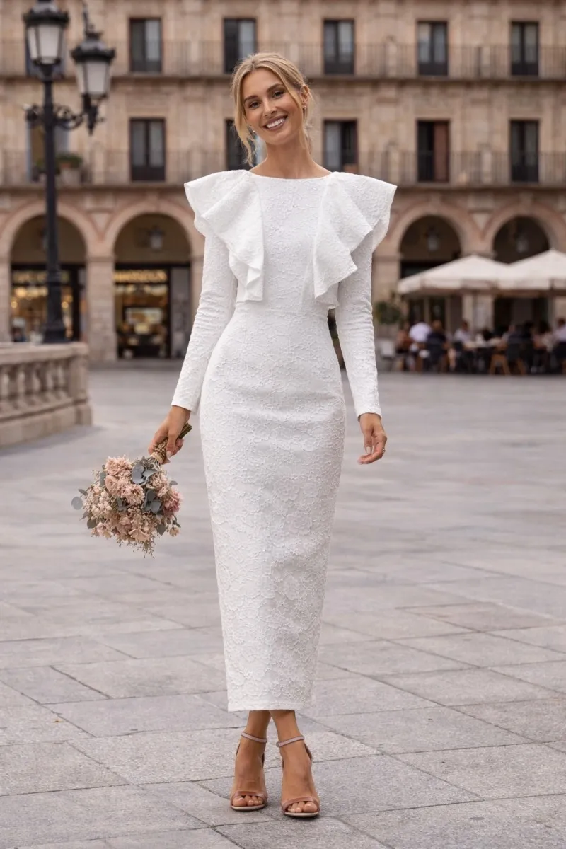 vestido brocado con volantes en cuerpo blanco para novia boda civil
