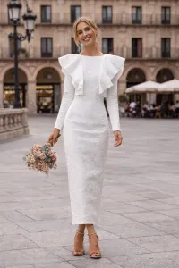 vestido brocado con volantes en cuerpo blanco para novia boda civil