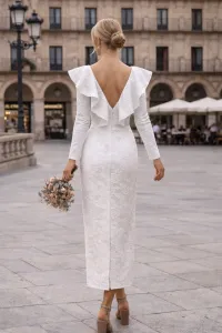 vestido brocado con volantes en cuerpo blanco para novia boda civil