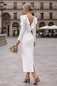 vestido brocado con volantes en cuerpo blanco para novia boda civil