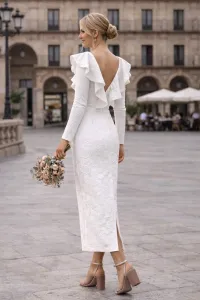 vestido brocado con volantes en cuerpo blanco para novia boda civil