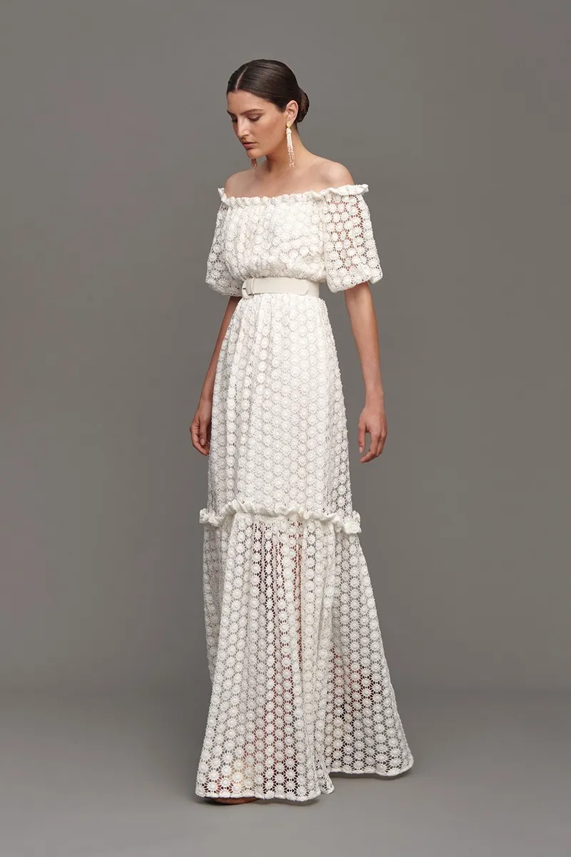 Vestido largo de Guipur margaritas para novia civil estilo bohochic