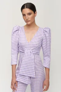 Mono de fiesta cuadro vichy lila y blanco con manga abullonada