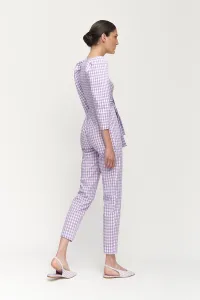 Mono de fiesta cuadro vichy lila y blanco con manga abullonada