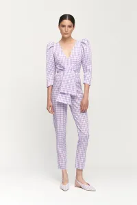 Mono de fiesta cuadro vichy lila y blanco con manga abullonada