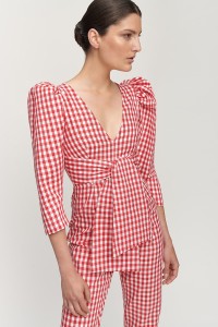Mono de fiesta cuadro vichy rojo y blanco con manga abullonada