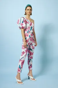 Mono de fiesta asimetrico estampado de flores para boda