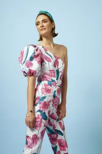 Mono de fiesta asimetrico estampado de flores para boda