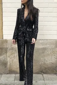 Traje de chaqueta y pantalón negro de lentejuelas