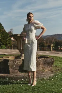 Vestido manga globo recto tul margaritas blanco