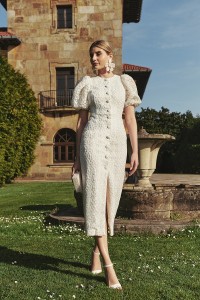 Vestido manga globo recto tul margaritas blanco
