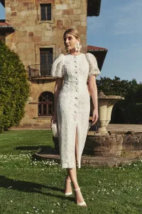 Vestido manga globo recto tul margaritas blanco