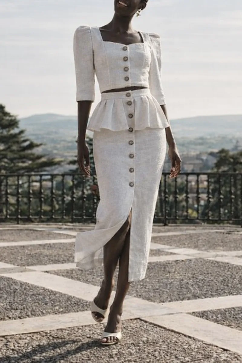 Falda brocada blanca midi joya con peplum