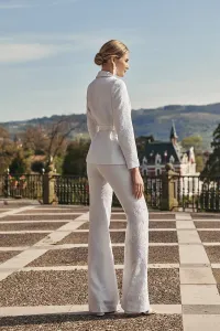 Pantalón Palazzo jacquard Blanco brocado flores novia