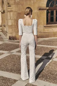 Pantalón Palazzo jacquard Blanco brocado flores novia