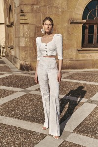 Pantalón Palazzo jacquard Blanco brocado flores novia