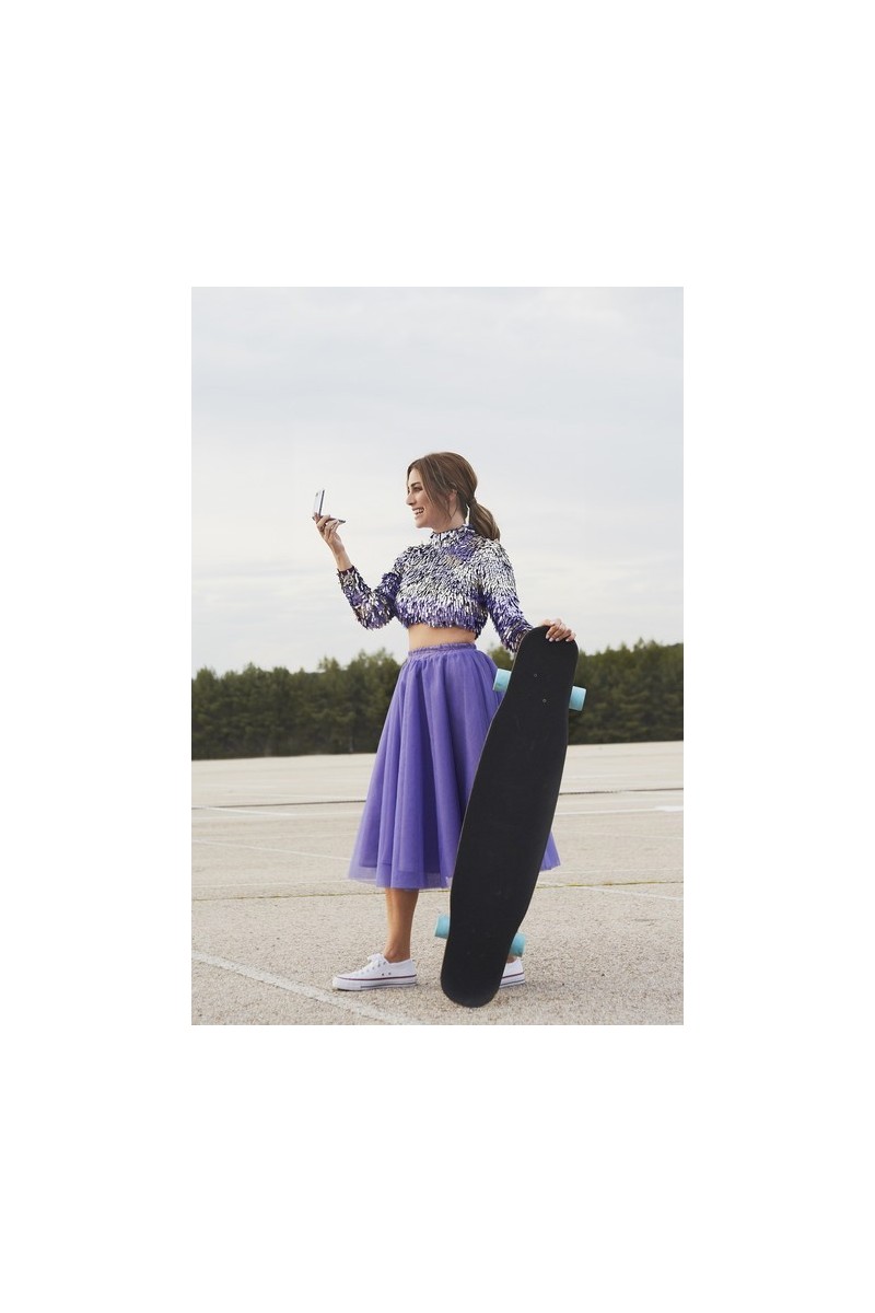 Falda de vuelo de tul lila largo midi para boda, fiesta, evento