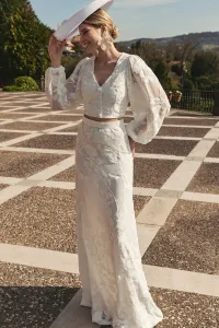 falda larga evasé gasa blanca bordada de novia boho