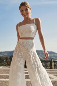Top corto gasa bordada blanca flores para novias, mama comunion