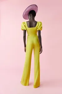 Conjunto de pantalon palazzo y top corto con botones joya en verde