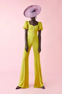 Conjunto de pantalon palazzo y top corto con botones joya en verde