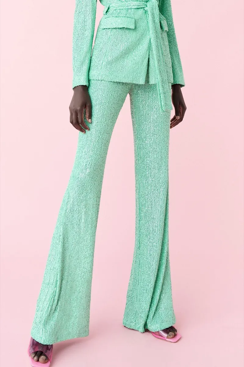 Pantalón palazzo de fiesta de lentejuelas verde aguamarina