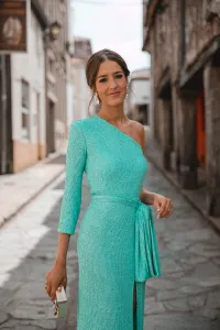 vestido largo de fiesta asimetrico de lentejuelas verde para boda