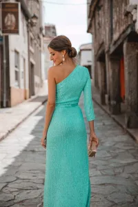 vestido largo de fiesta asimetrico de lentejuelas verde para boda