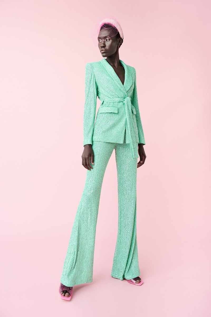 traje de fiesta de lentejuelas verde de blazer y pantalon palazzo