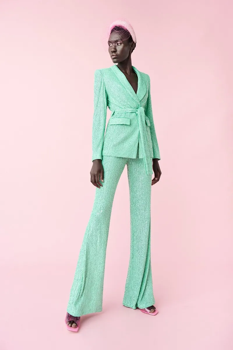 traje de fiesta de lentejuelas verde de blazer y pantalon palazzo